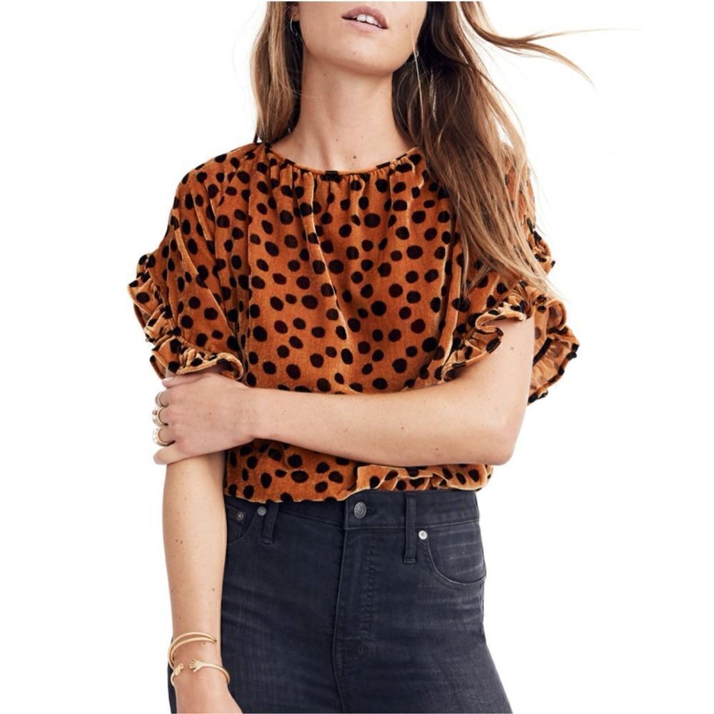 MADEWELL  Velvet Memento Ruffle Sleeve Top in Leopard Dot xs